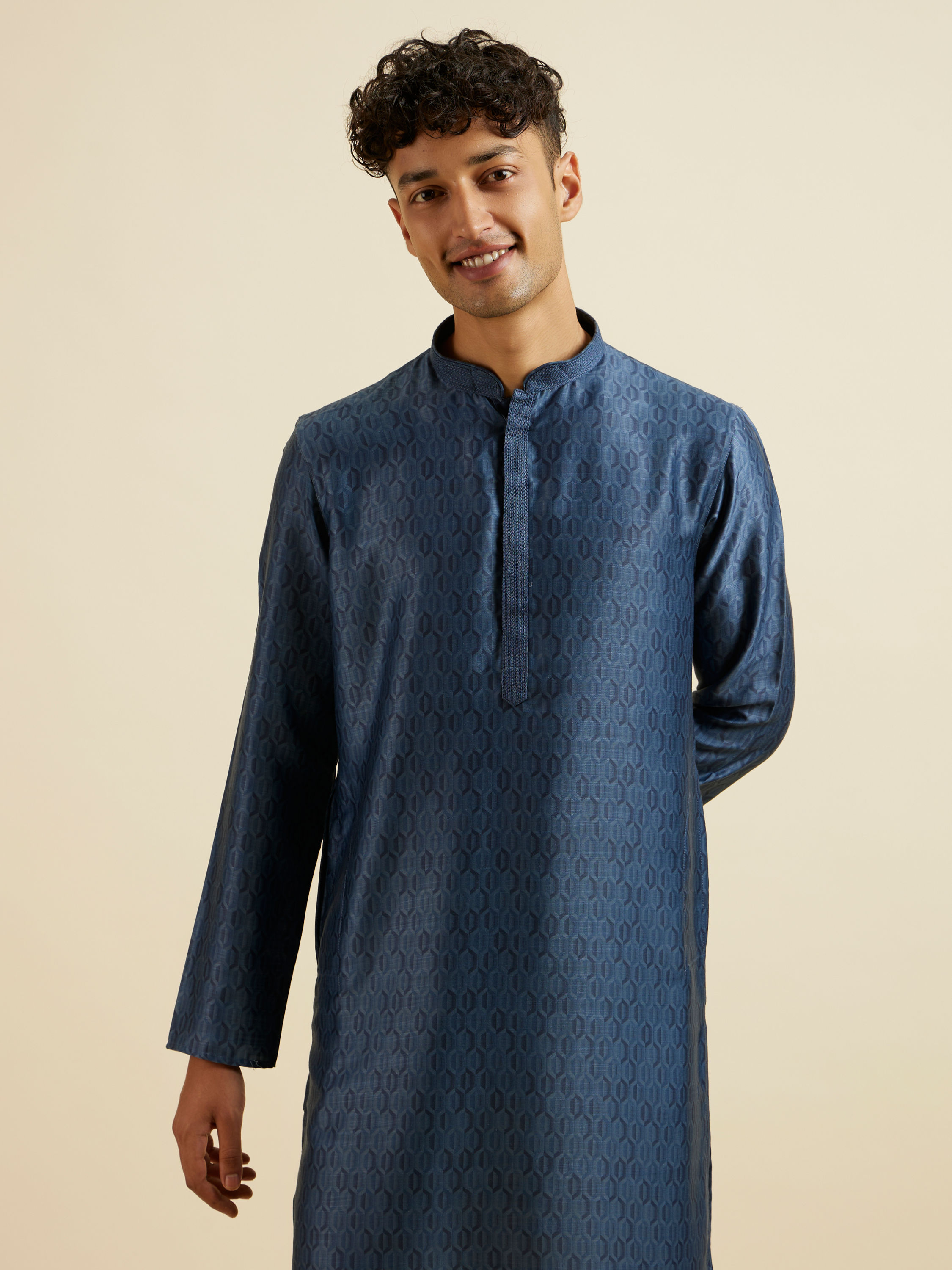 Manyavar Men Dark Blue Hexagonal Patterned Kurta Set