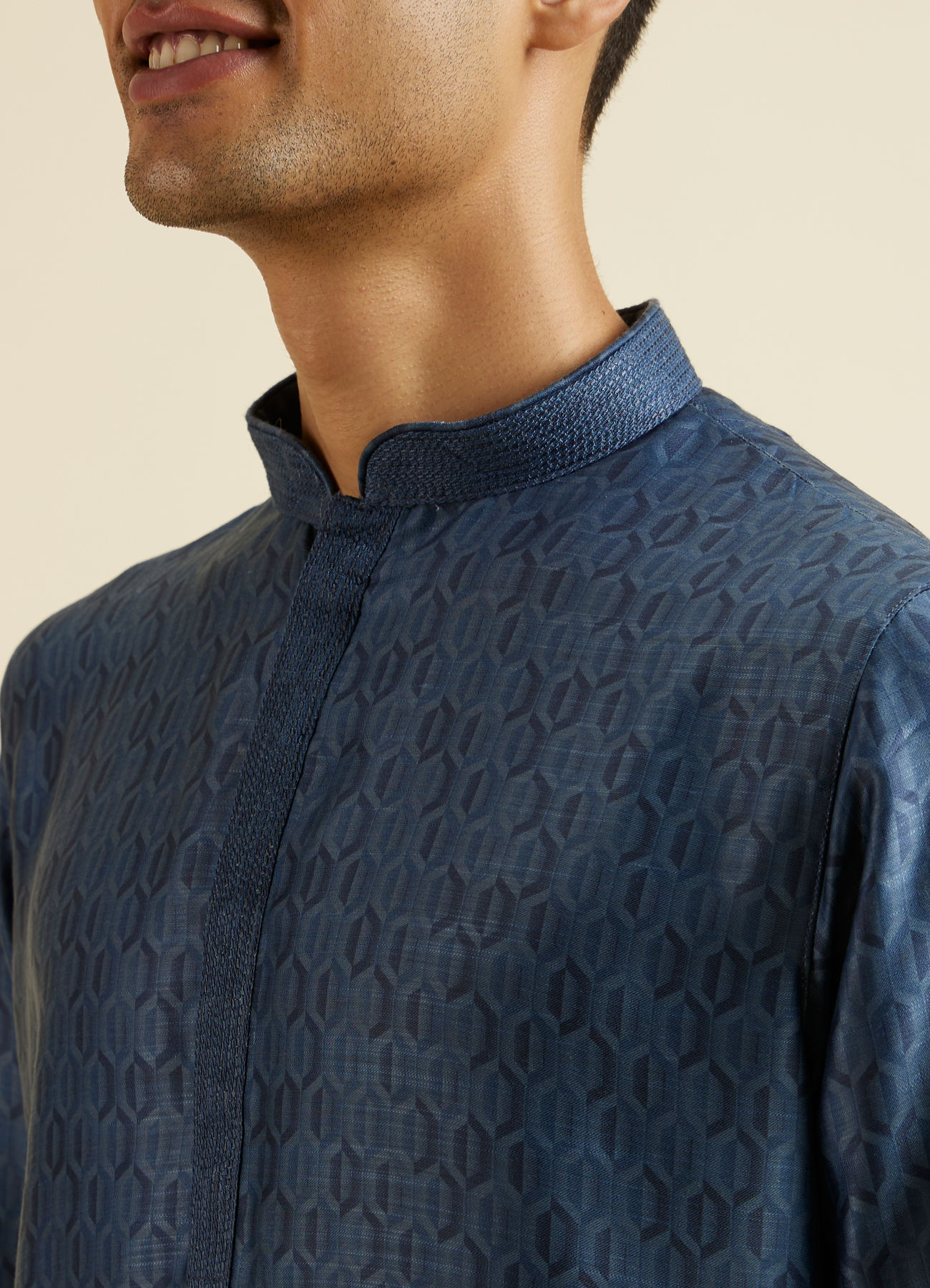 Manyavar Men Dark Blue Hexagonal Patterned Kurta Set
