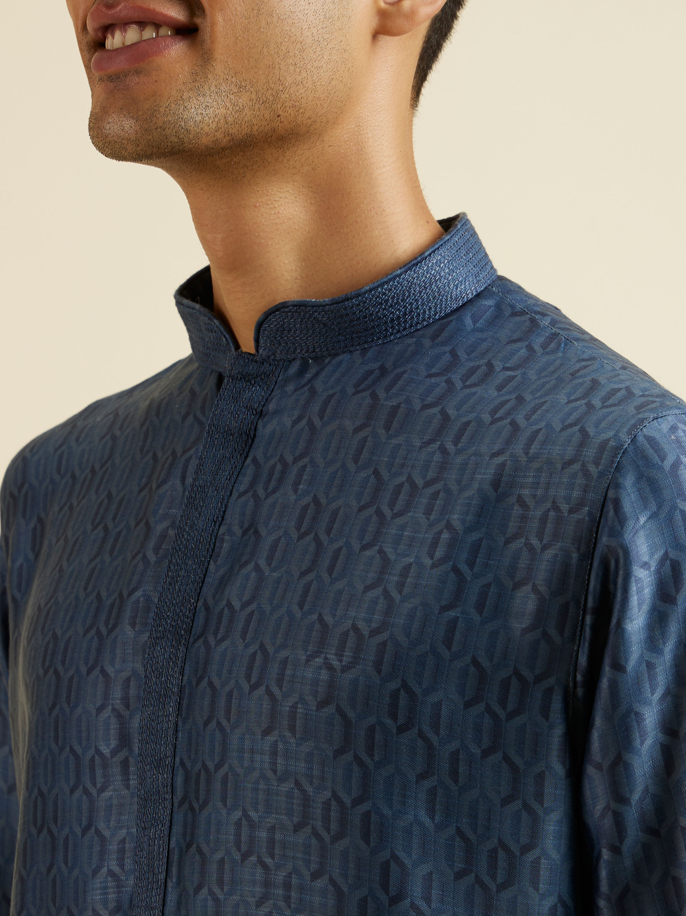 Manyavar Men Dark Blue Hexagonal Patterned Kurta Set