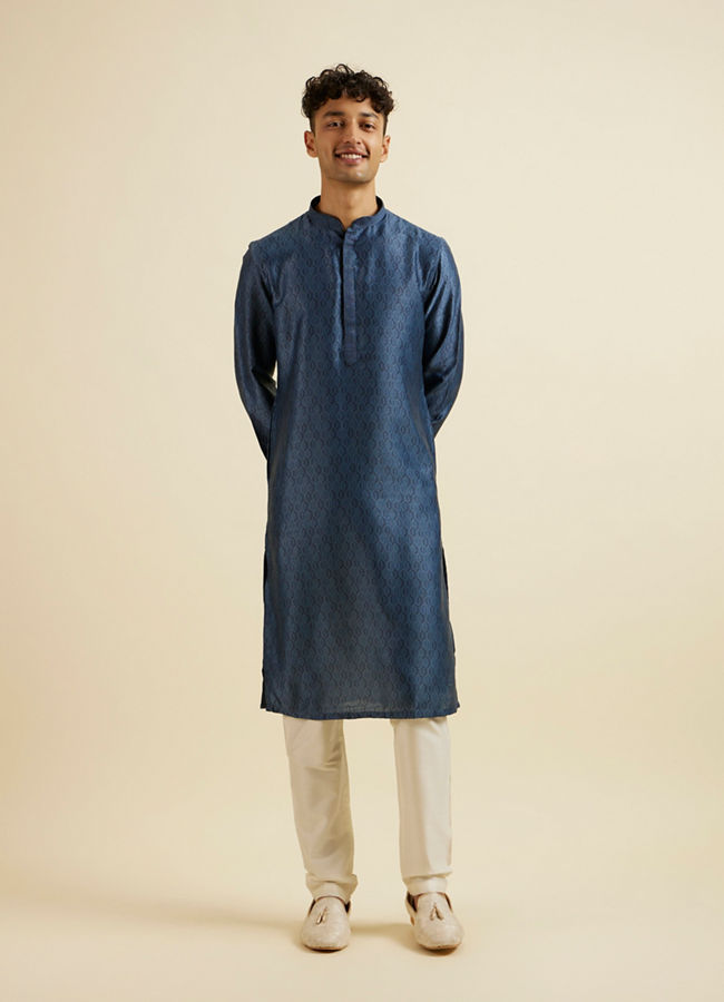 Manyavar Men Dark Blue Hexagonal Patterned Kurta Set