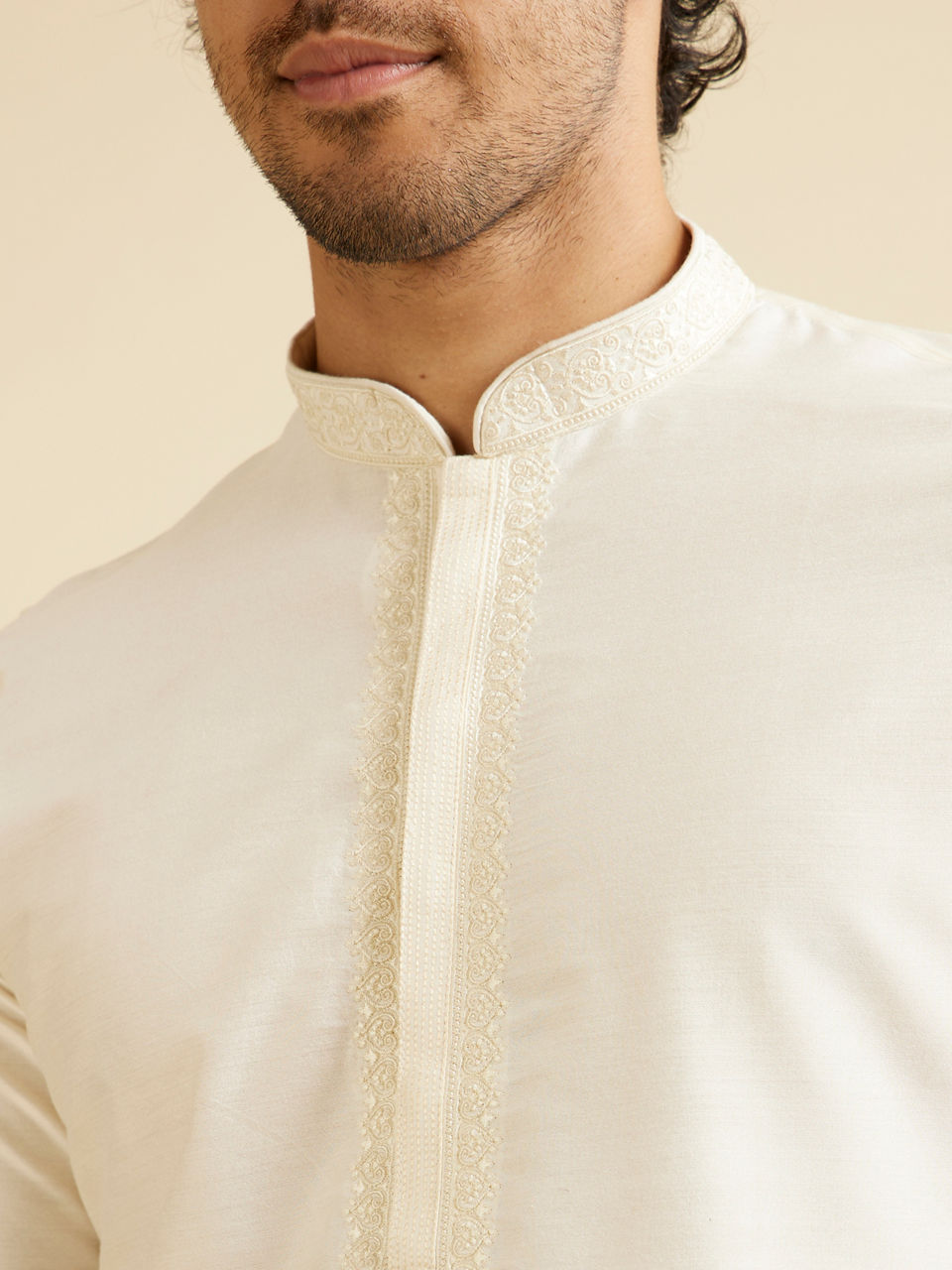 Manyavar Men Ivory Cream Kurta Set with Neck Embroidery