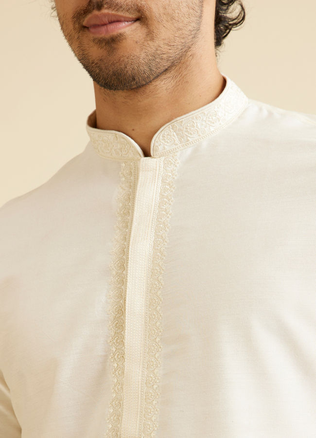 Manyavar Men Ivory Cream Kurta Set with Neck Embroidery