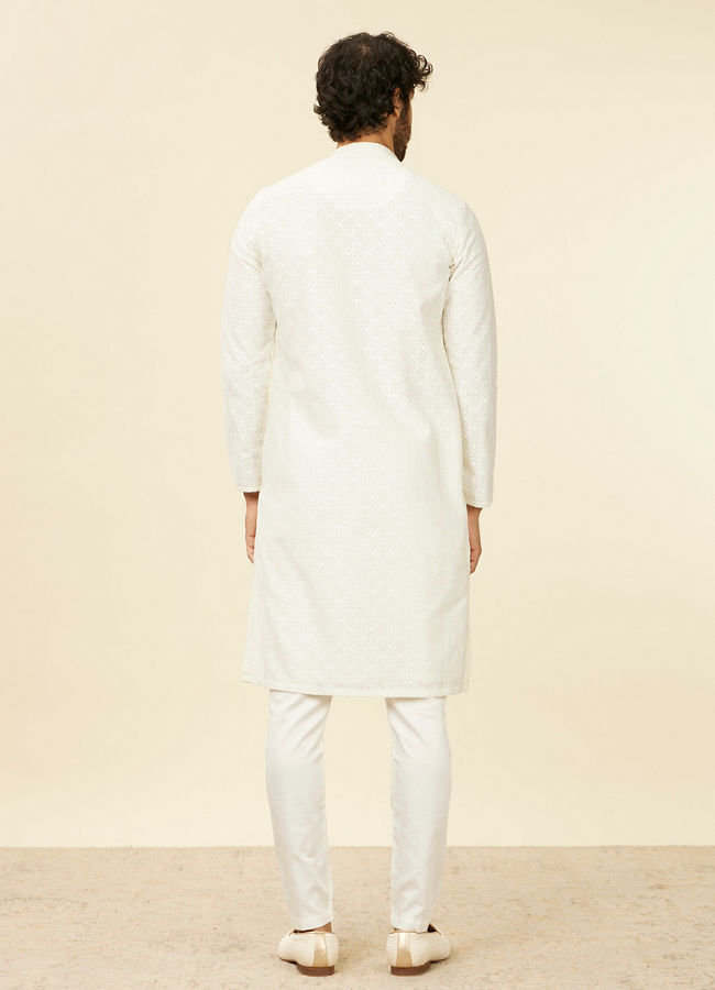 Manyavar Men Ivory Cream Self Patterned Kurta Set