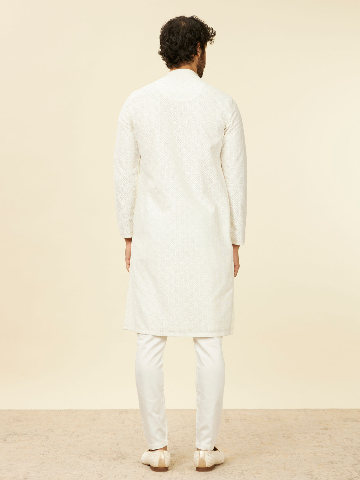 Manyavar Men Ivory Cream Self Patterned Kurta Set
