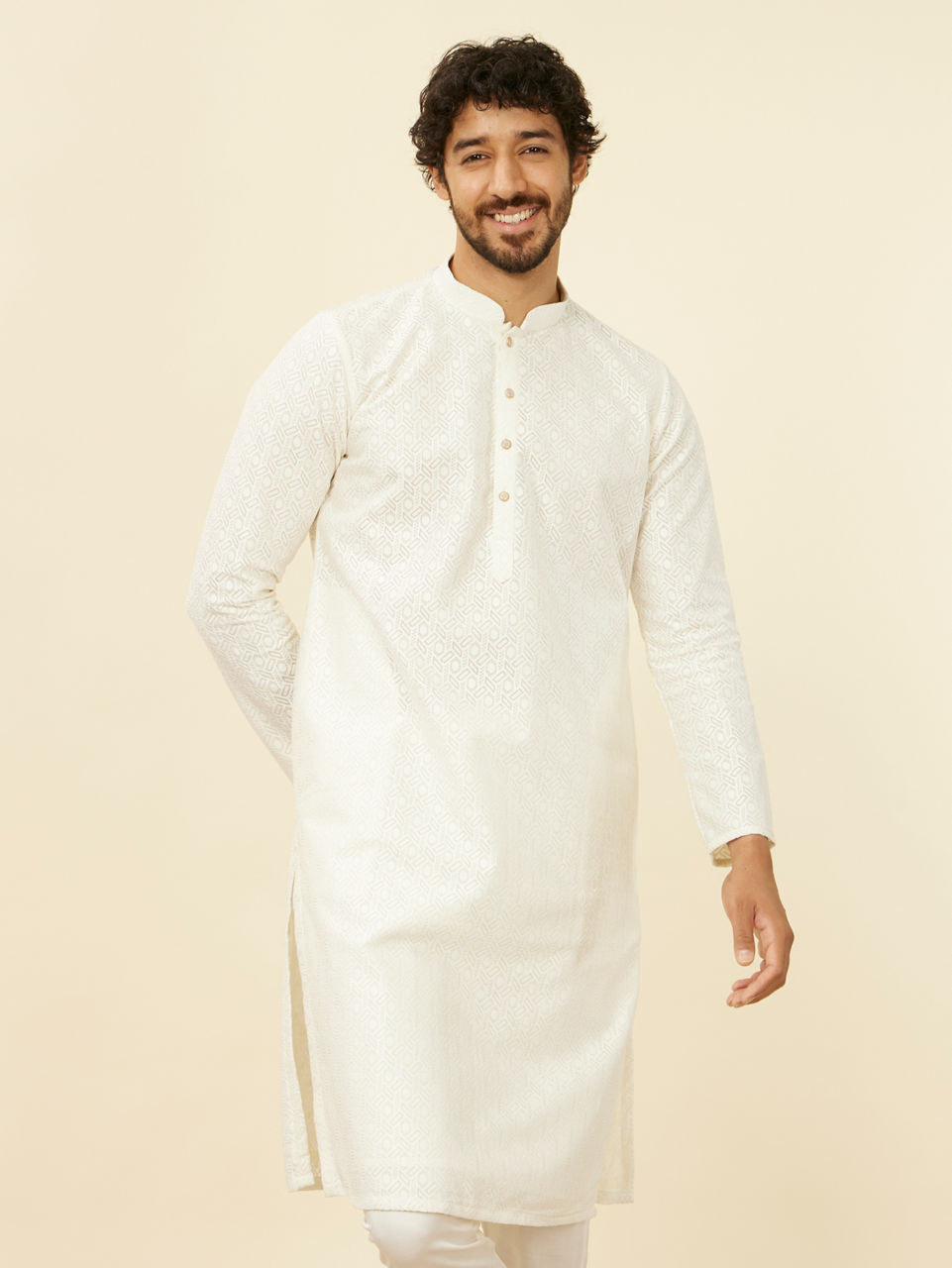 Manyavar Men Ivory Cream Self Patterned Kurta Set
