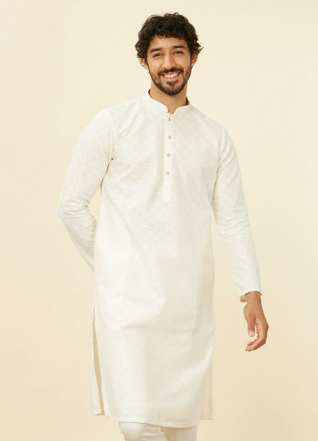 alt message - Manyavar Men Ivory Cream Self Patterned Kurta Set image number 0