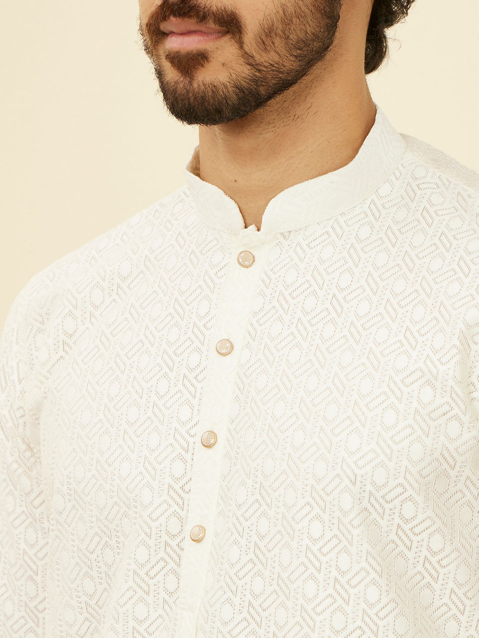 Manyavar Men Ivory Cream Self Patterned Kurta Set