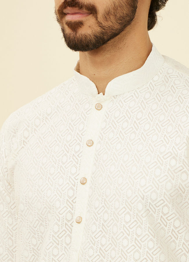 alt message - Manyavar Men Ivory Cream Self Patterned Kurta Set image number 1