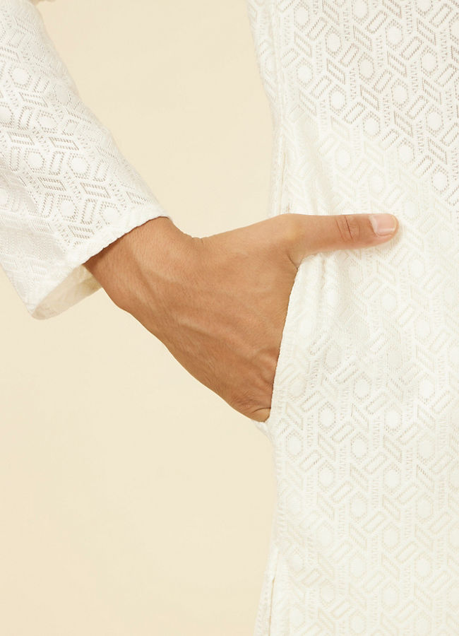 Manyavar Men Ivory Cream Self Patterned Kurta Set