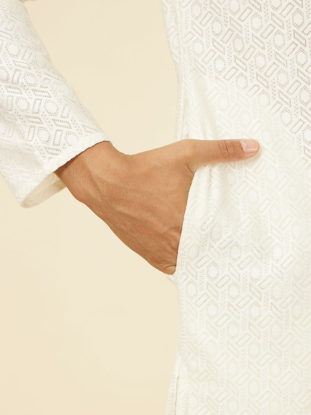 Manyavar Men Ivory Cream Self Patterned Kurta Set