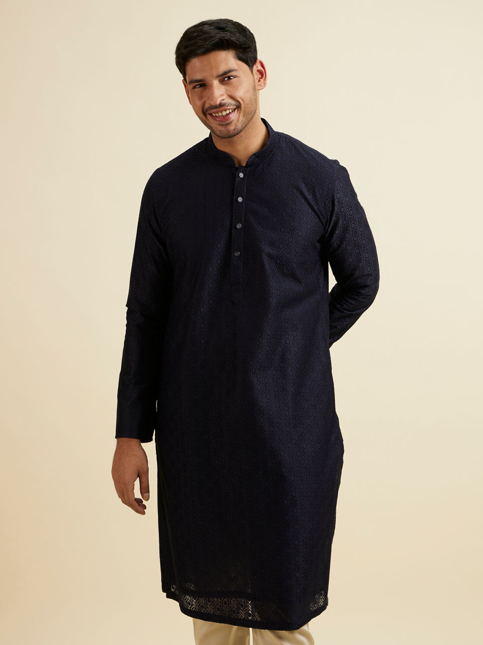 Manyavar Men Dark Blue Self Patterned Kurta Set