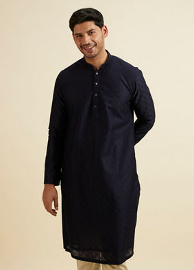 Manyavar Men Dark Blue Self Patterned Kurta Set image number 0