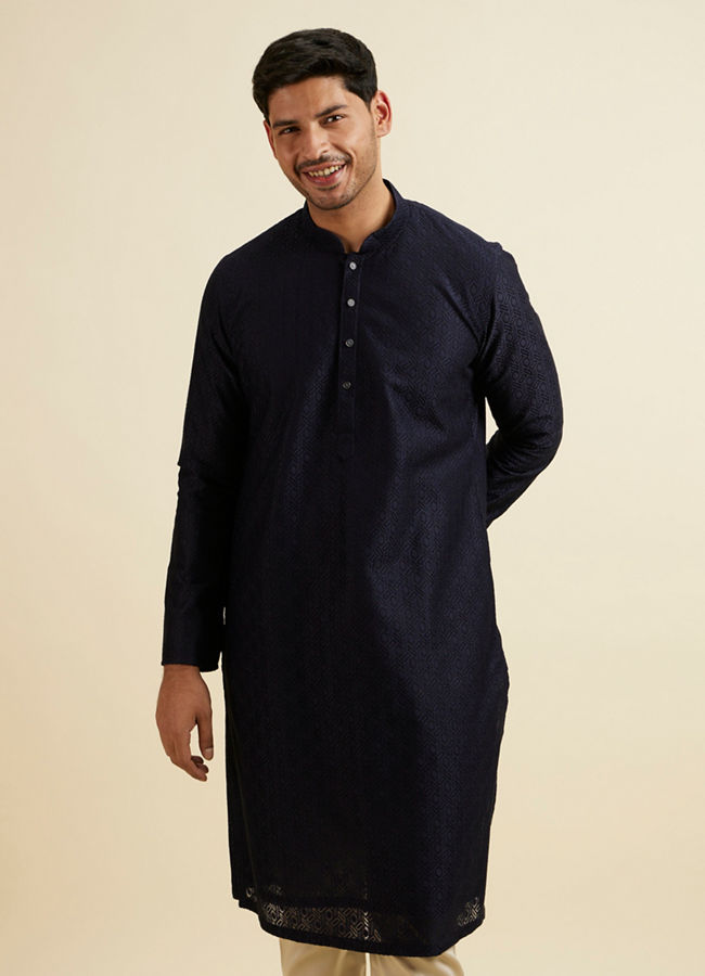 alt message - Manyavar Men Dark Blue Self Patterned Kurta Set image number 0