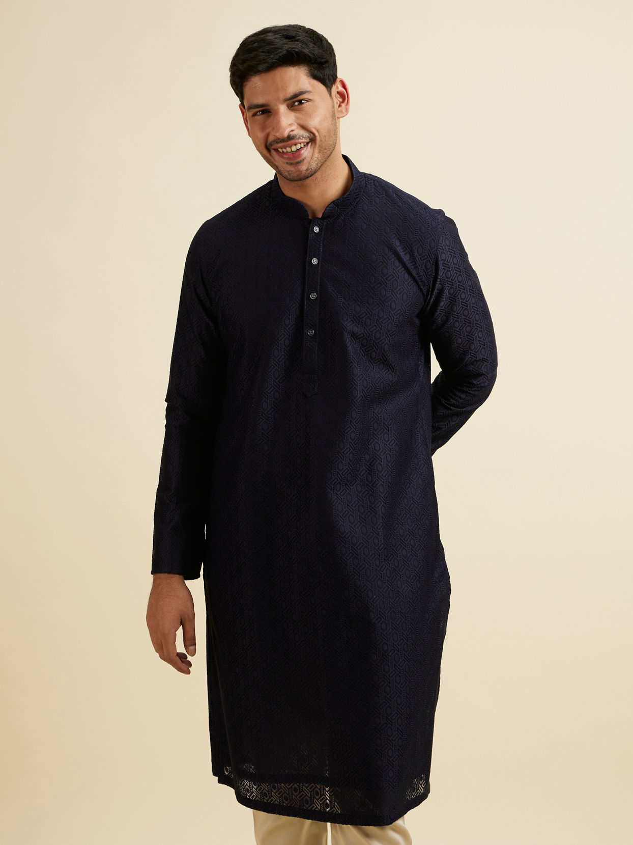 alt message - Manyavar Men Dark Blue Self Patterned Kurta Set image number 0