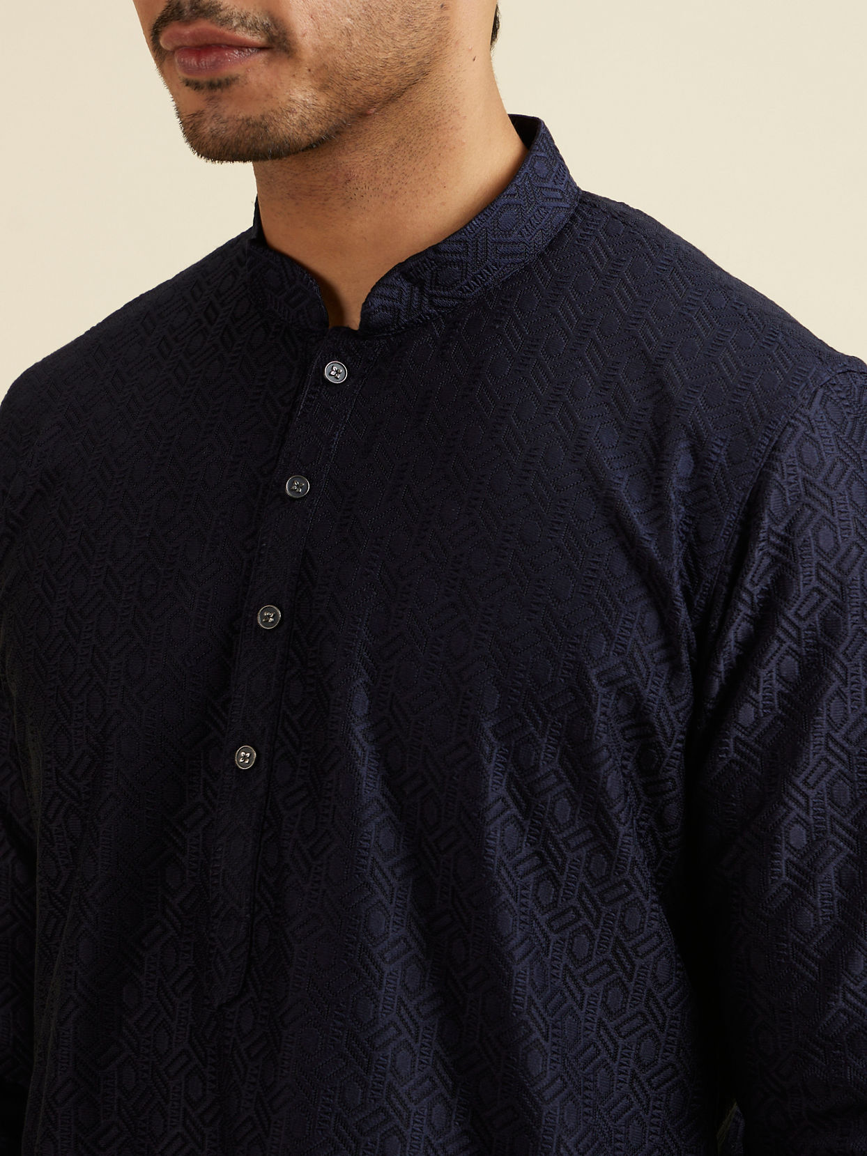 Manyavar Men Dark Blue Self Patterned Kurta Set