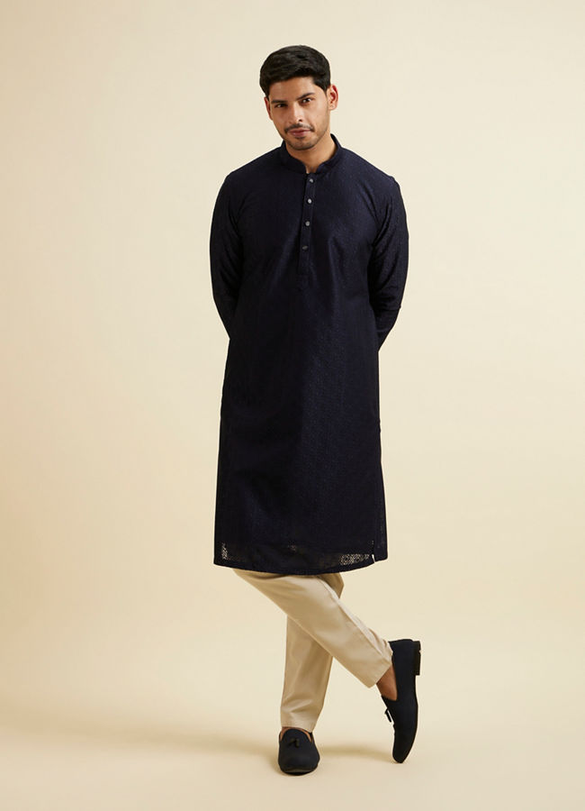 alt message - Manyavar Men Dark Blue Self Patterned Kurta Set image number 2