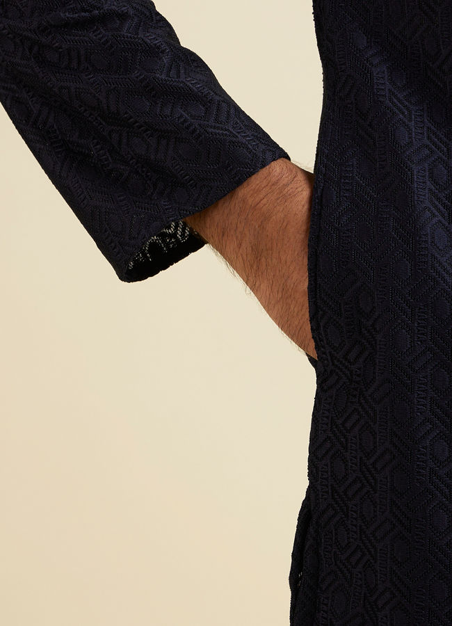 Manyavar Men Dark Blue Self Patterned Kurta Set