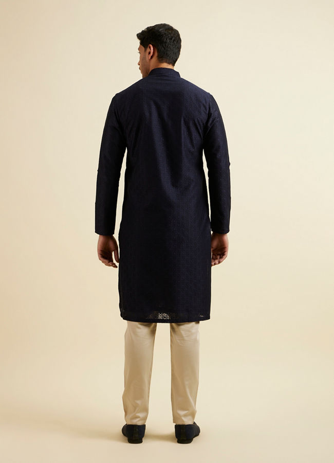 alt message - Manyavar Men Dark Blue Self Patterned Kurta Set image number 4