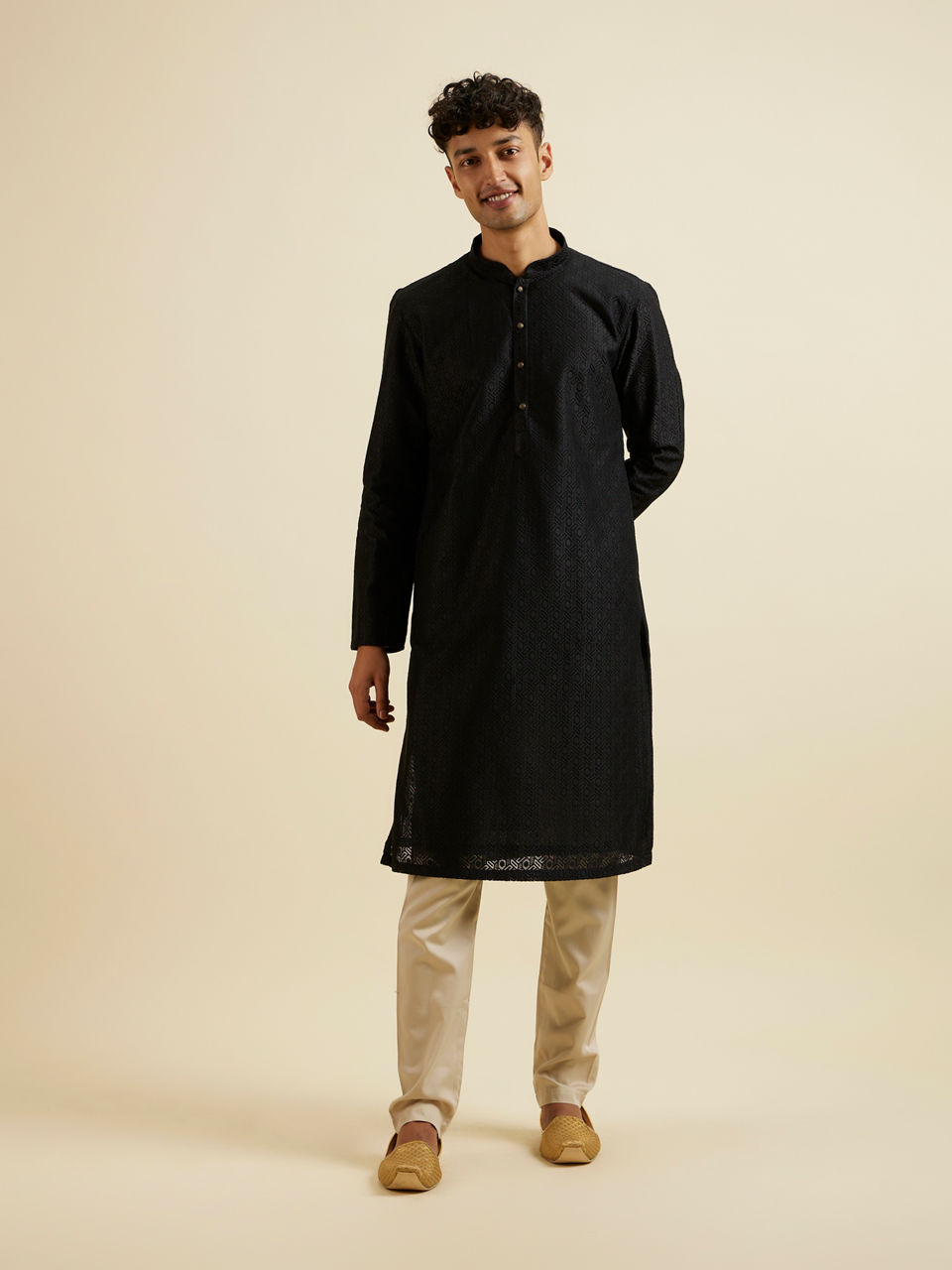 Manyavar Men Black Self Patterned Kurta Set