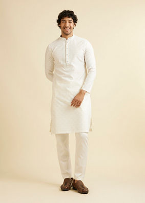 alt message - Manyavar Men Snow White Jaal Patterned Kurta Set image number 2