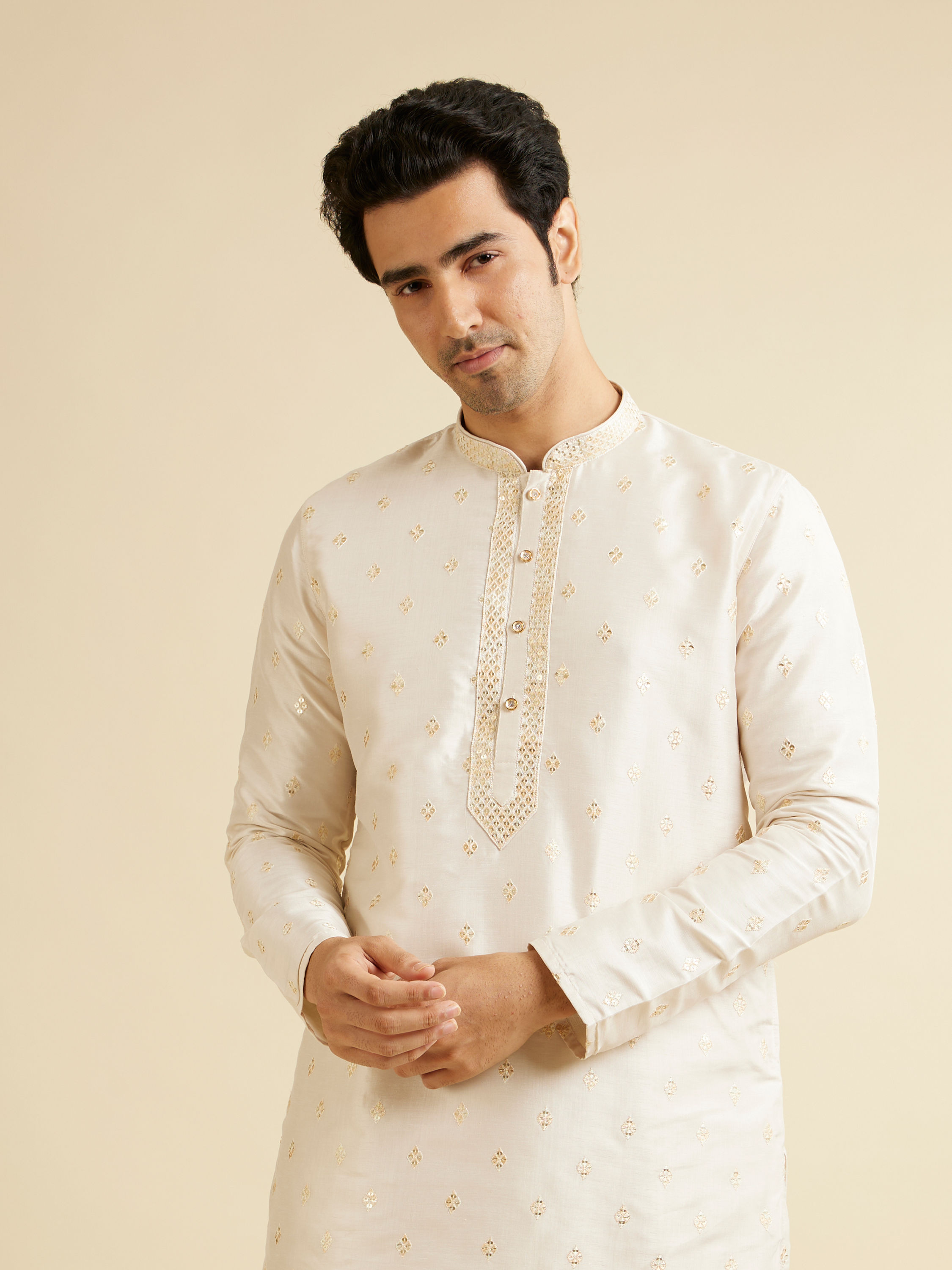 Manyavar Men Cream Pink Kurta Set with Diamond Buta Motifs