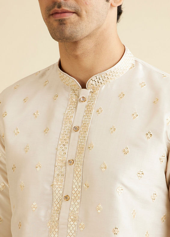 Manyavar Men Cream Pink Kurta Set with Diamond Buta Motifs