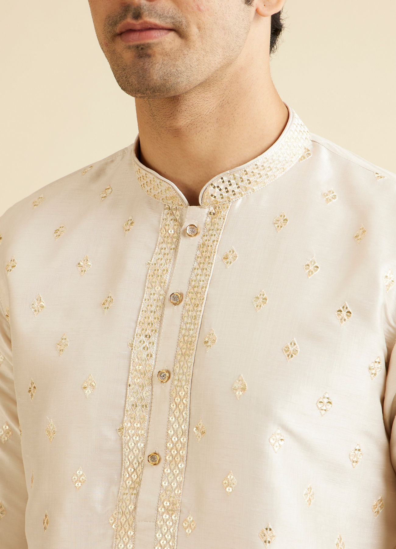 Manyavar Men Cream Pink Kurta Set with Diamond Buta Motifs