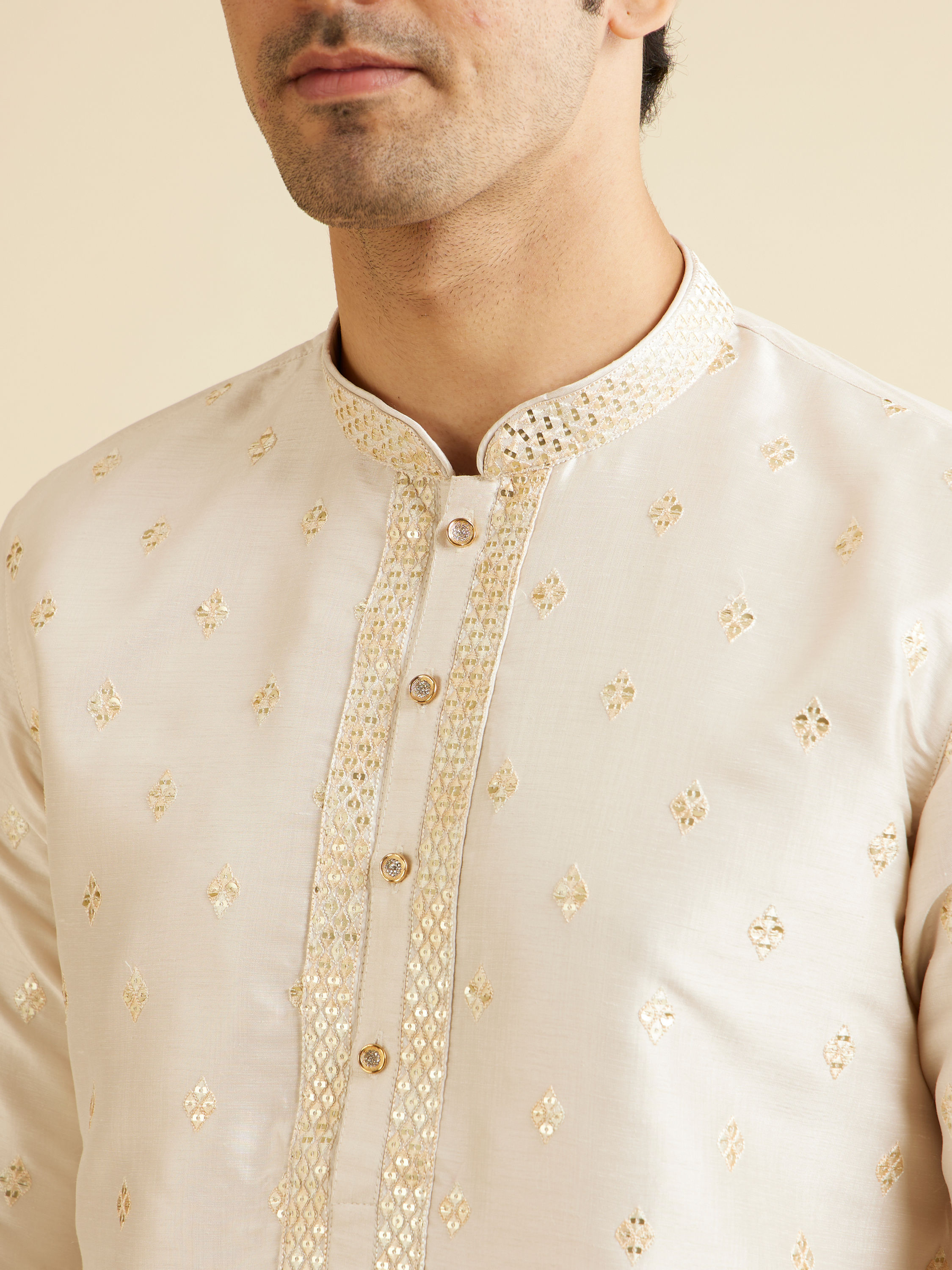 Manyavar Men Cream Pink Kurta Set with Diamond Buta Motifs