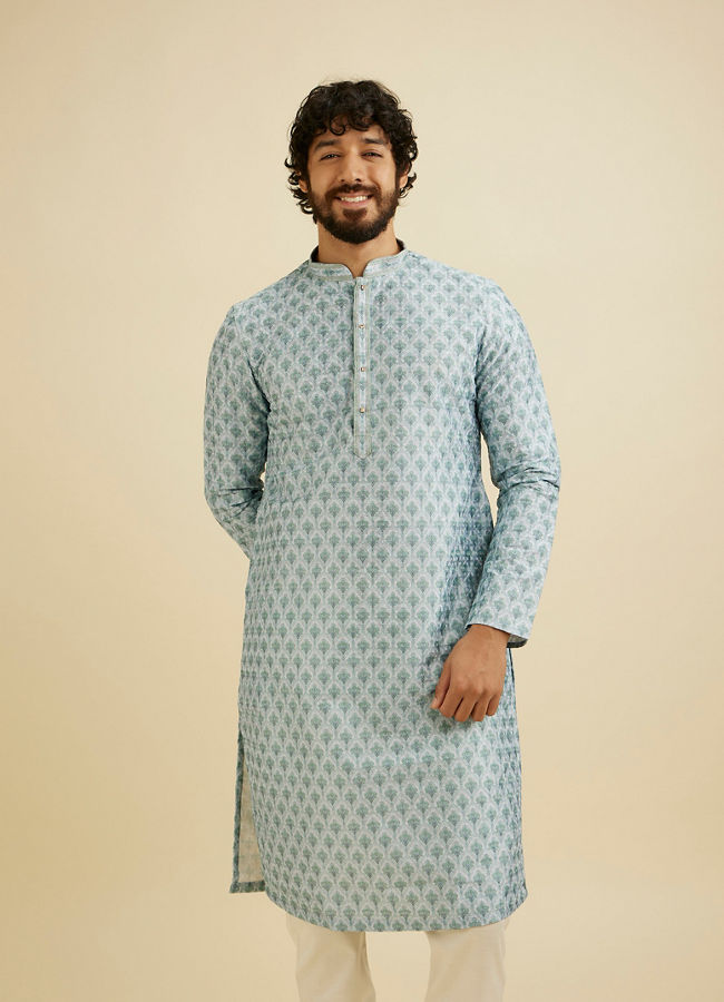 alt message - Manyavar Men Green Chikankari Print Kurta Set image number 0