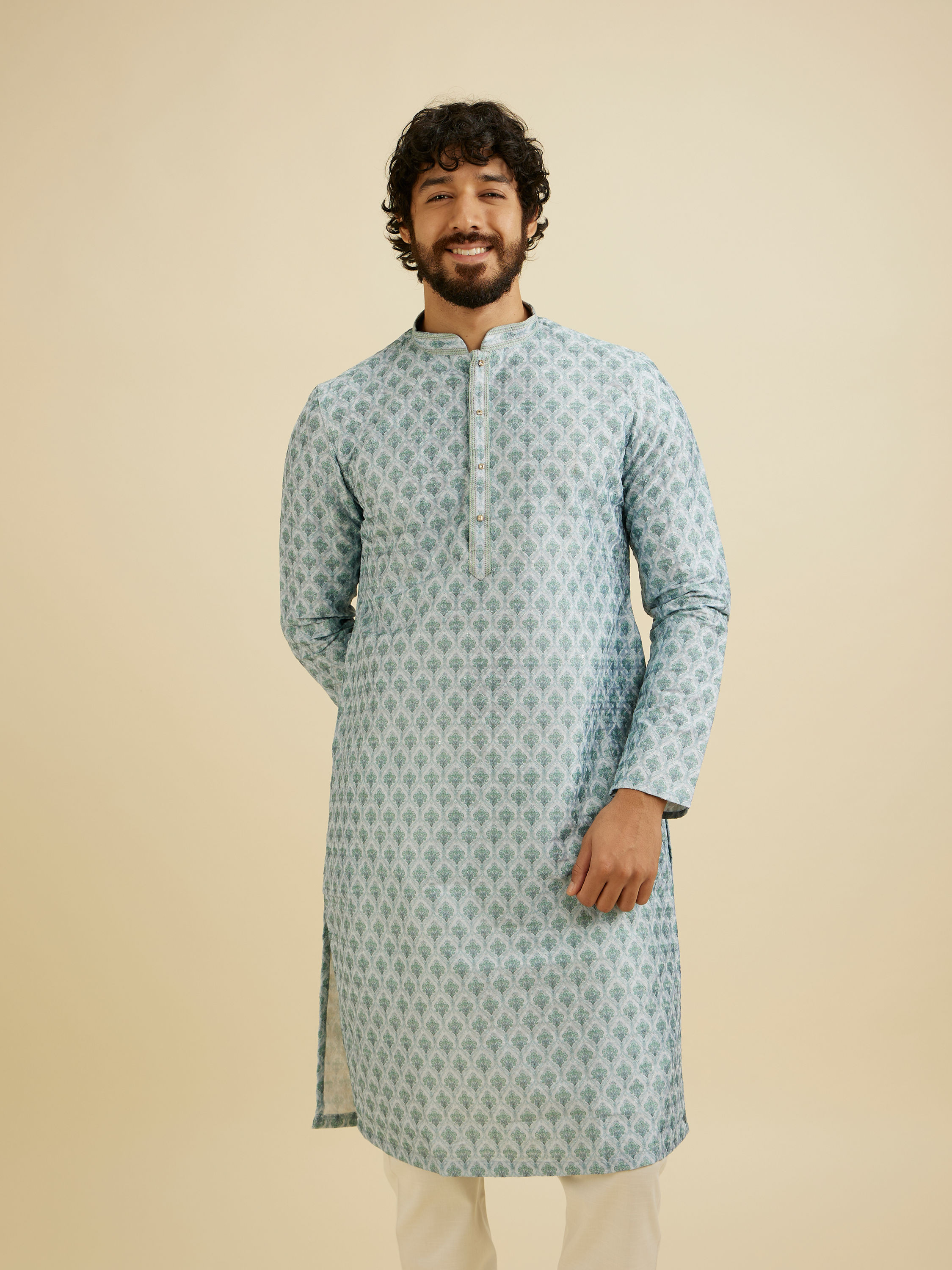 Manyavar Men Peach Chikankari Print Kurta Set