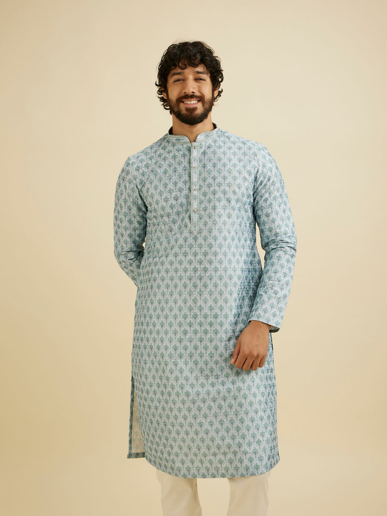 alt message - Manyavar Men Green Chikankari Print Kurta Set image number 0