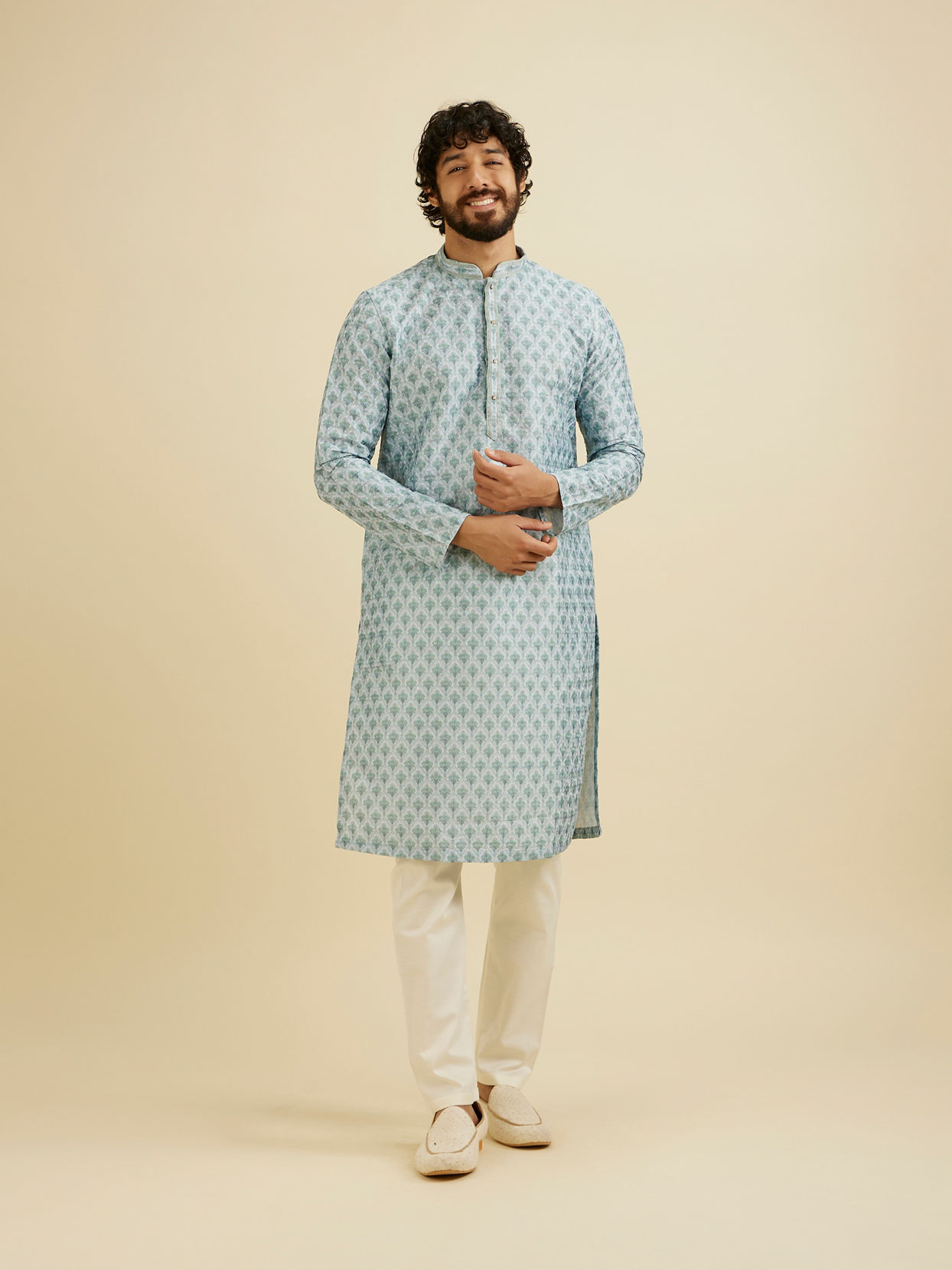 Manyavar Men Peach Chikankari Print Kurta Set