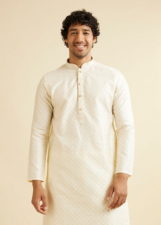 Manyavar Men Cream Pink Lattice Patterned Kurta Set