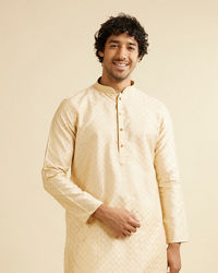 Manyavar Men Sand Beige Lattice Patterned Kurta Set