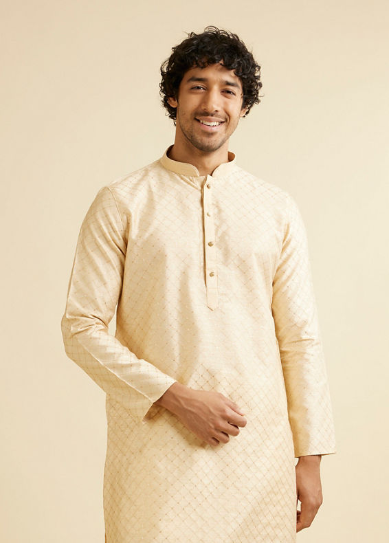 Manyavar Men Sand Beige Lattice Patterned Kurta Set