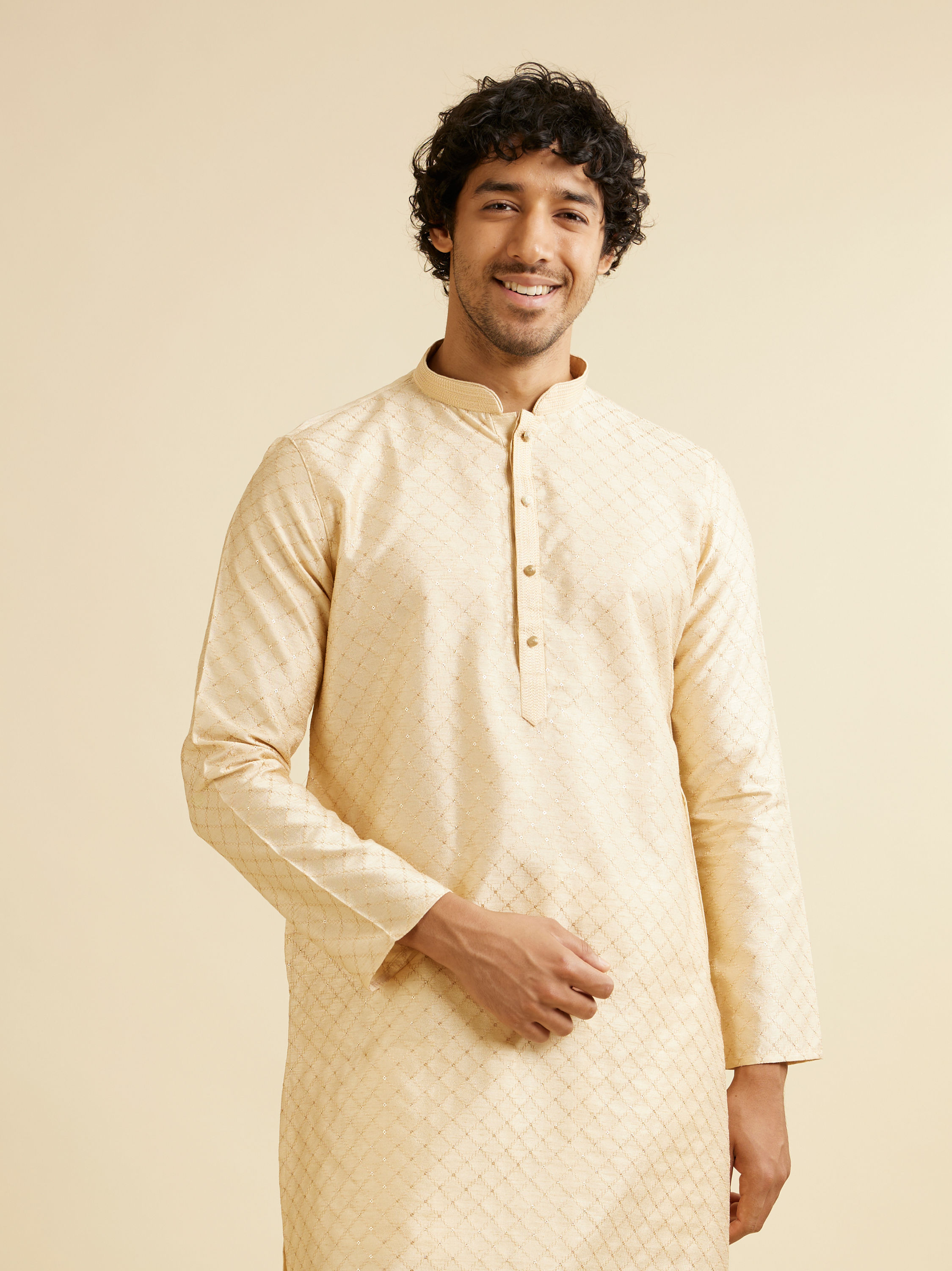 Manyavar Men Sand Beige Lattice Patterned Kurta Set