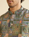 alt message - Manyavar Men Sand Beige Lattice Patterned Kurta Set image number 3