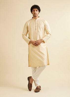 Manyavar Men Sand Beige Lattice Patterned Kurta Set image number 4