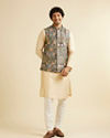 alt message - Manyavar Men Sand Beige Lattice Patterned Kurta Set image number 5