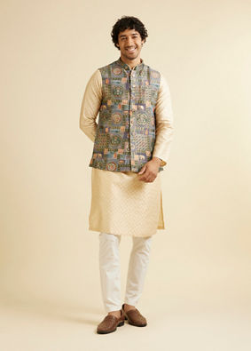 Manyavar Men Sand Beige Lattice Patterned Kurta Set image number 5