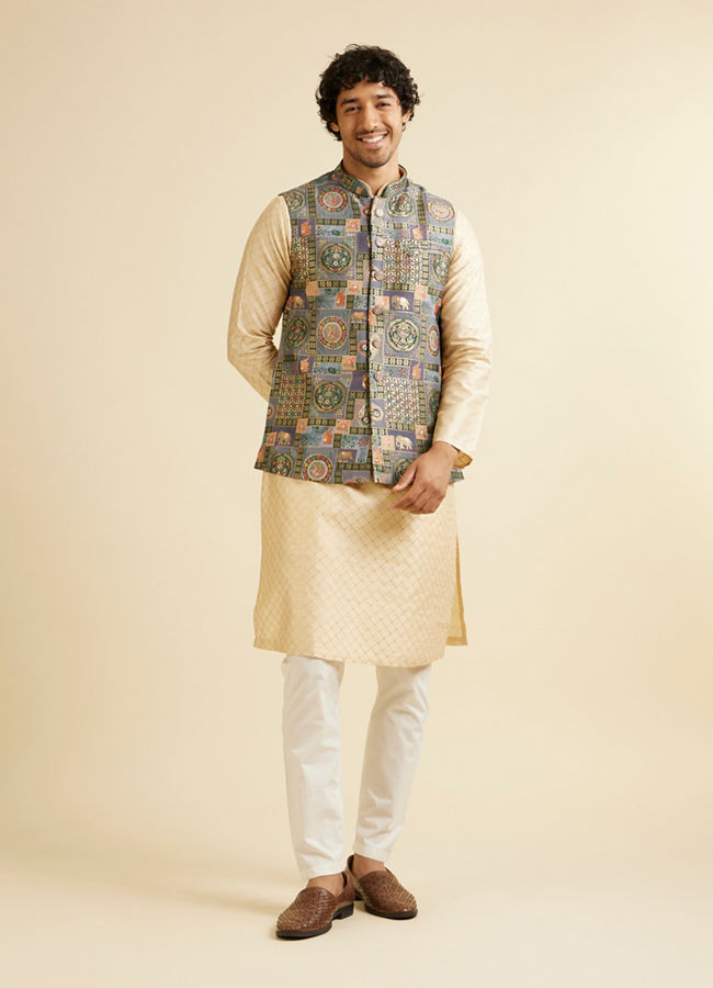 Manyavar Men Sand Beige Lattice Patterned Kurta Set