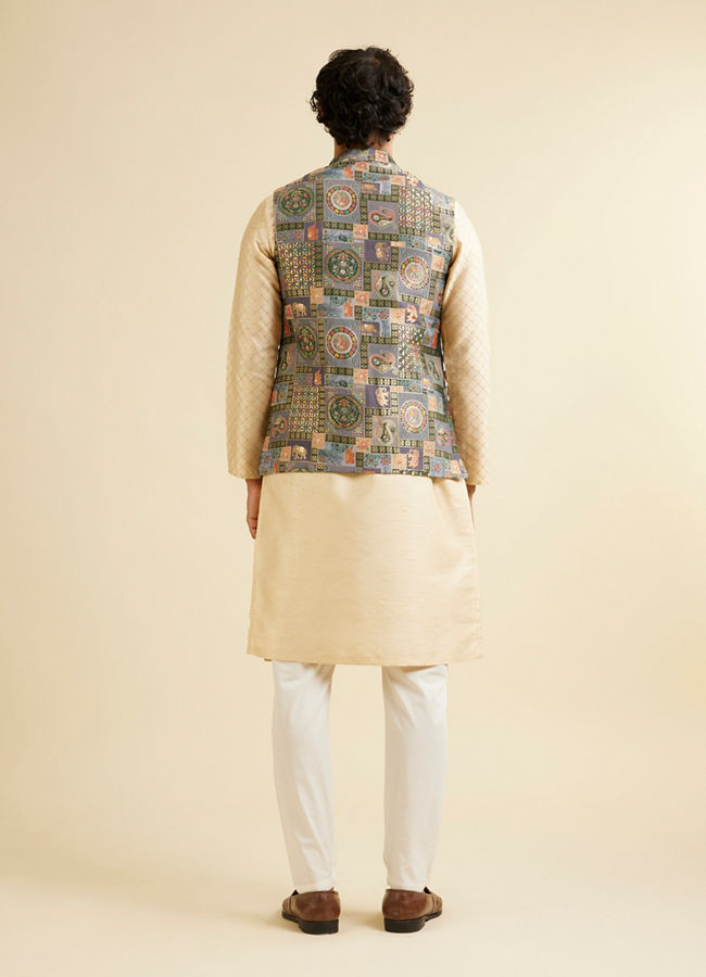 alt message - Manyavar Men Sand Beige Lattice Patterned Kurta Set image number 8