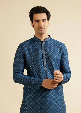 Manyavar Men Dark Blue Lattice Patterned Kurta Set image number 0