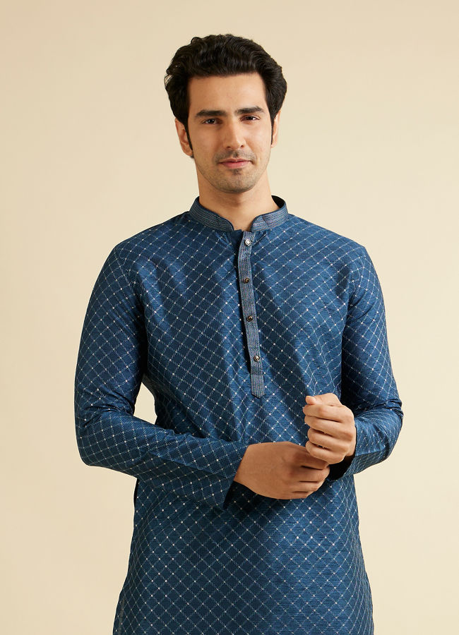 alt message - Manyavar Men Dark Blue Lattice Patterned Kurta Set image number 0