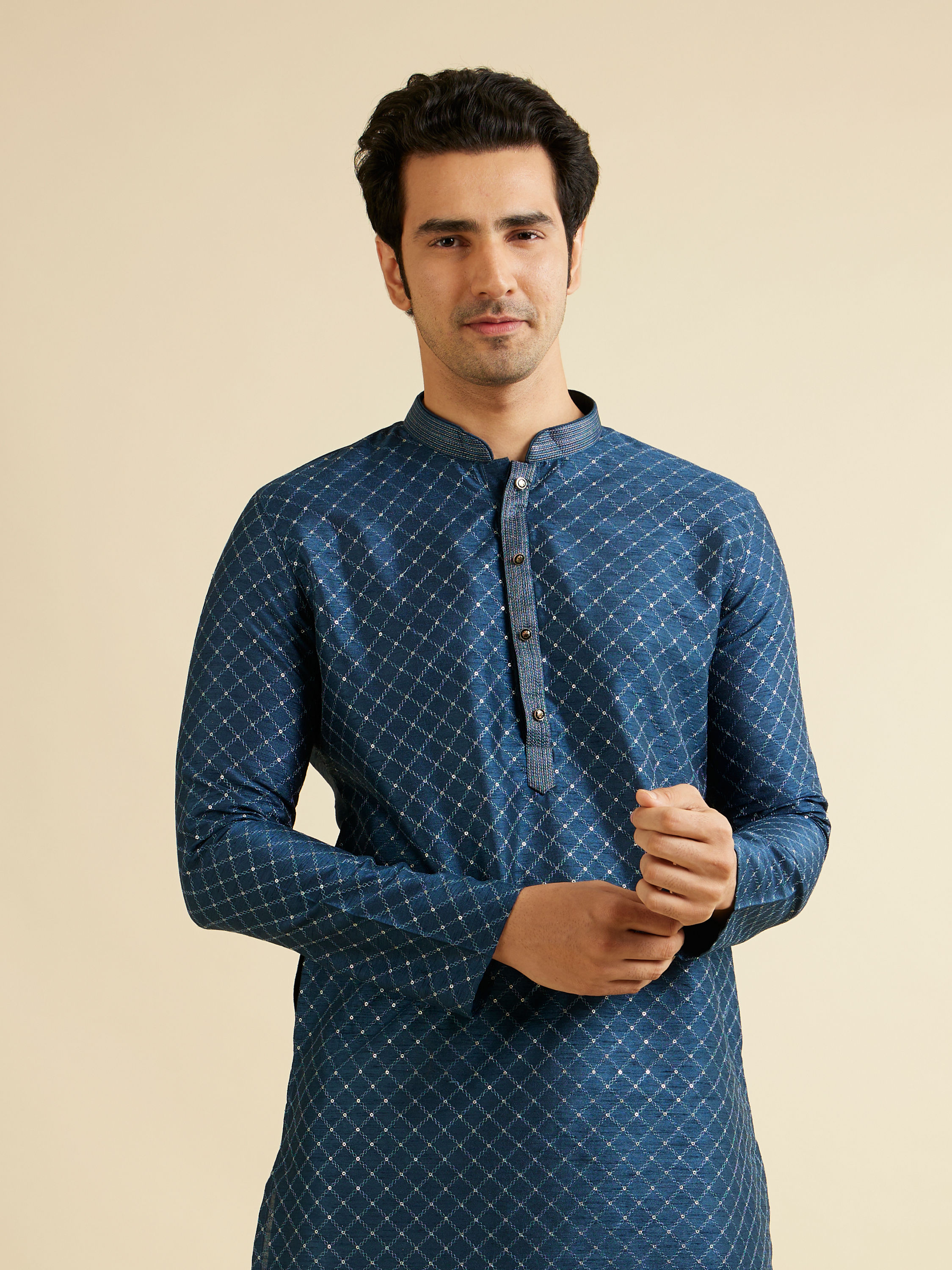 Manyavar Men Dark Blue Lattice Patterned Kurta Set