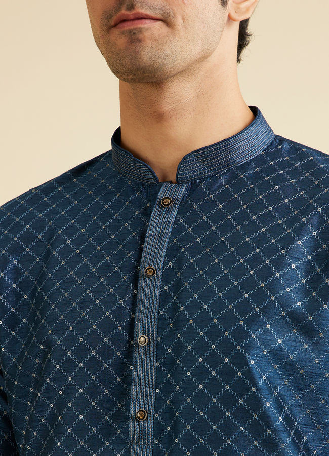 Manyavar Men Dark Blue Lattice Patterned Kurta Set