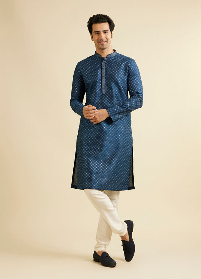 alt message - Manyavar Men Dark Blue Lattice Patterned Kurta Set image number 2