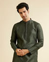 alt message - Manyavar Men Dark Green Lattice Patterned Kurta Set image number 0