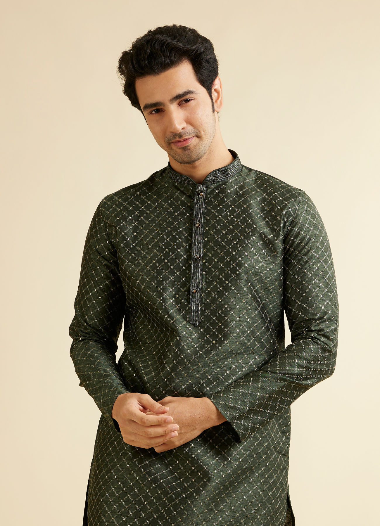 Manyavar Men Dark Green Lattice Patterned Kurta Set