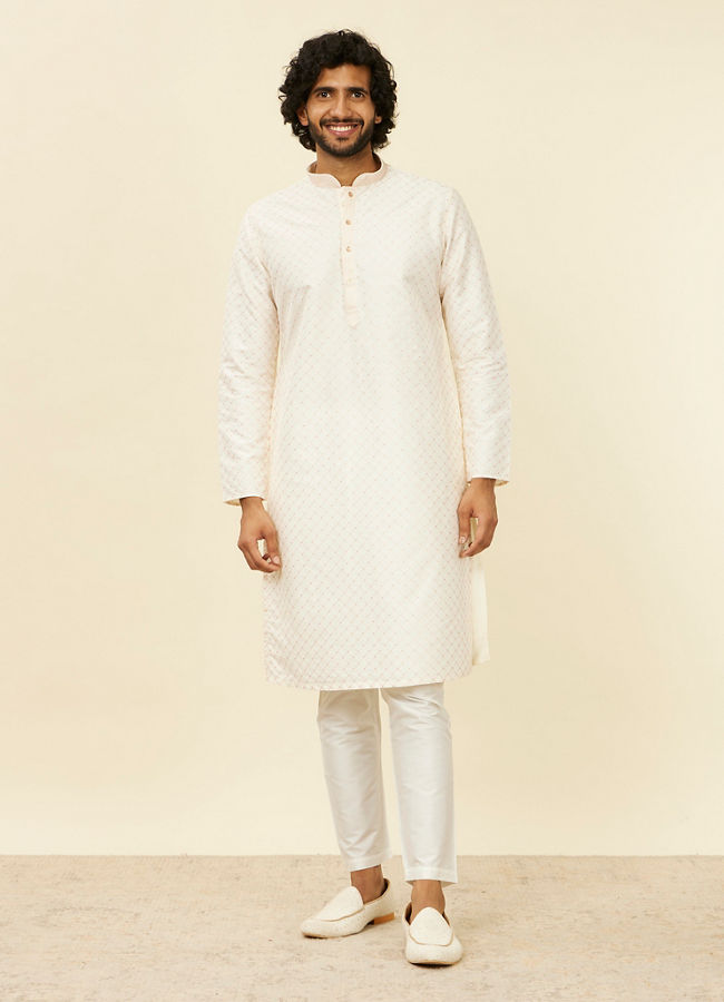 Manyavar Men Warm White Lattice Patterned Kurta Set